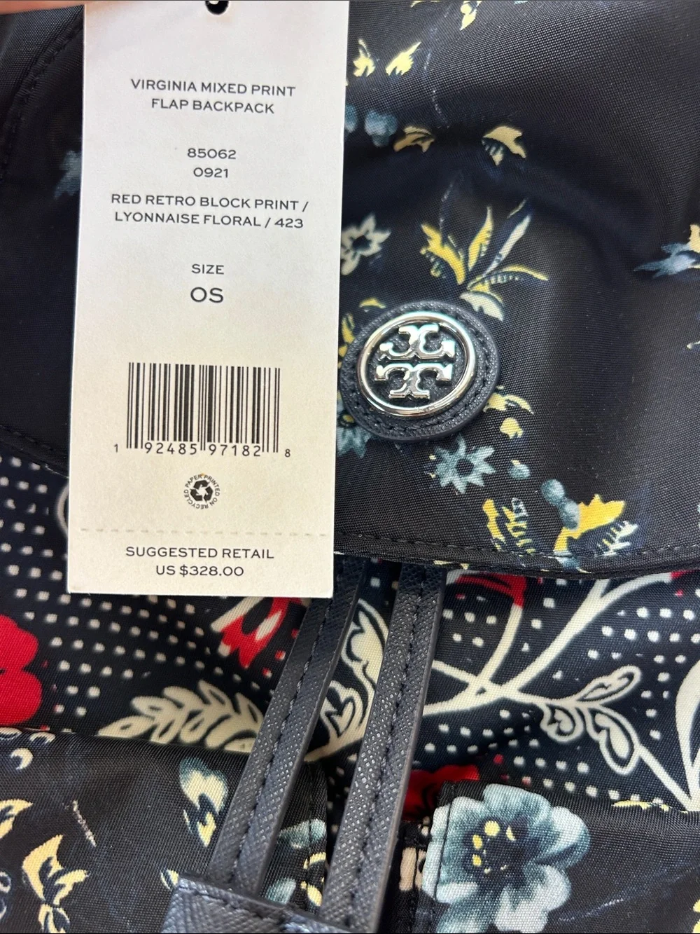 Tory Burch Black Floral Drawstring Backpack with Red and Cream Blooms